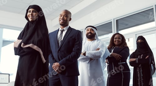Preview: Business, people and happy in row in office for legal justice, muslim coworkers and career pride