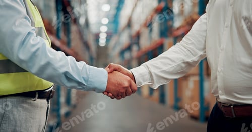Preview: Business people, meeting and warehouse with handshake for partnership, b2b or deal in logistics