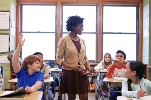 Preview: Students, education and raised hand with woman in classroom for child development
