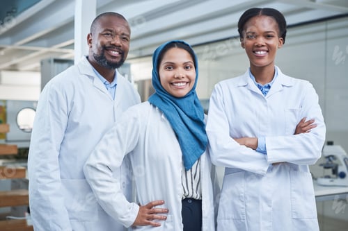 Preview: Science, portrait or team in laboratory with smile, about us or experiment in vaccine development