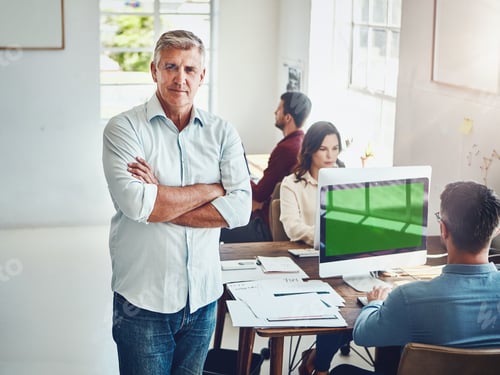 Preview: Crossed arms, happy and portrait of businessman in office with confidence for creative career