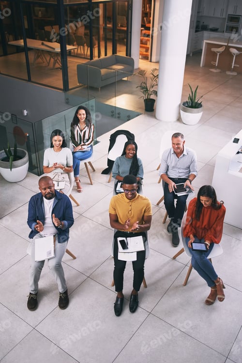 Preview: Above, applause and business people in workshop, planning for career growth