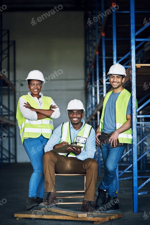 Preview: Construction, clipboard and portrait of people in warehouse for teamwork