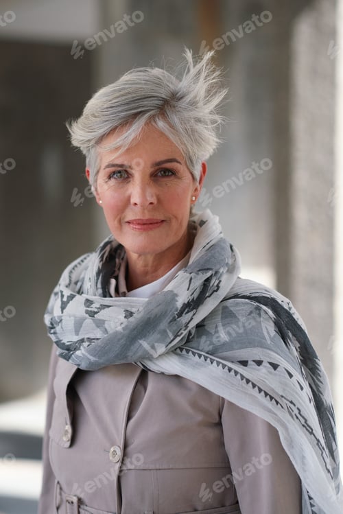 Preview: Fashion, smile and portrait of woman in city with confidence for winter outfit with coat and scarf