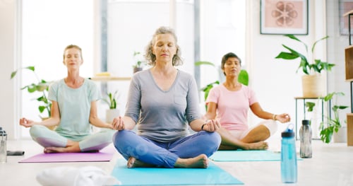 Preview: Yoga class, mature women and mediation for zen, mindfulness or fitness with peace for calm