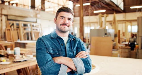 Preview: Carpenter, portrait and man with arms crossed, workshop and happy for craftsmanship