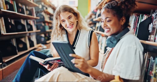 Preview: Happy women, students and tablet with book in library for studying, online course or lesson