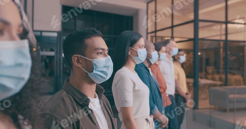 Preview: Row, business and people with face mask in office for social distance, compliance and safety