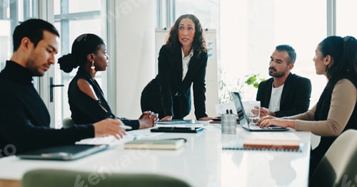 Preview: Accounting, woman and business people with presentation, meeting and manager for discussion