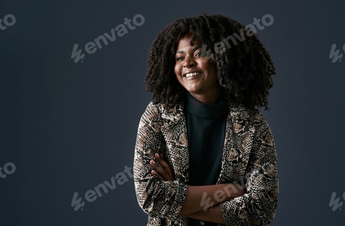 Preview: Creative, business and happy black woman with arms crossed, fashion or inspiration in studio mockup