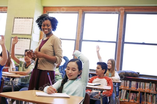 Preview: Classroom, teacher and children with hands up, lesson and students with academic growth
