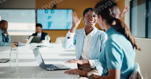 Preview: Excited, people and high five in office with laptop, success and data analysis for revenue growth