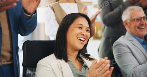 Preview: Media agency, applause and happy woman in office, celebration and copywriting with achievement