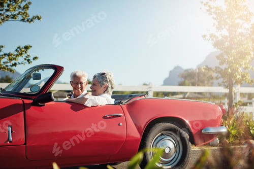Preview: Old couple, bonding and travel in car, outdoor and together on summer holiday
