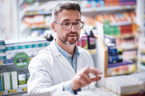 Preview: Mature man, pharmacist or checking inventory with shelf in dispensary for self service medication