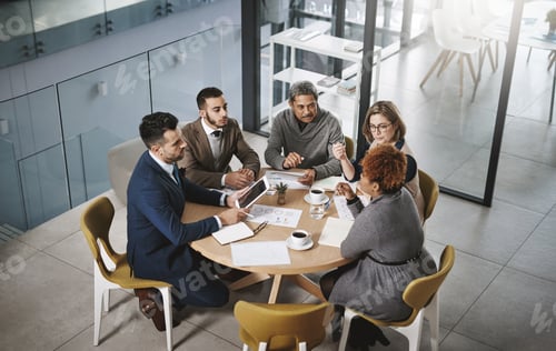 Preview: Tablet, meeting and business people for feedback, above and partnership in office