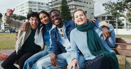 Preview: Smile, relax and portrait of friends in city for bonding, reunion and travel holiday together