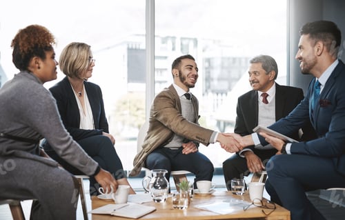 Preview: Handshake, meeting and business people for partnership, smile or thank you in office