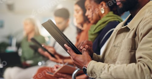 Preview: Business people, hands or waiting room with tablet for research, career or job placement in office