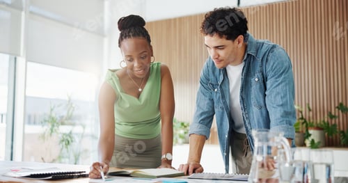 Preview: Business people, planning and thinking with documents in office for team project or development