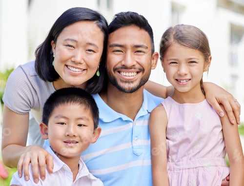 Preview: Happy, asian family and portrait with hug in backyard for love, bonding or support together