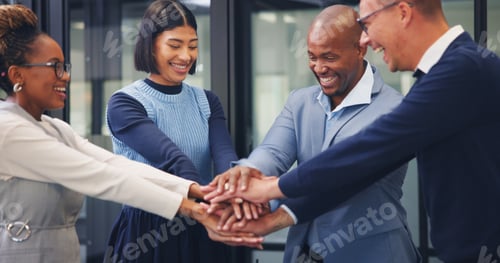Preview: Happy, meeting or business people with hands together in office for unity