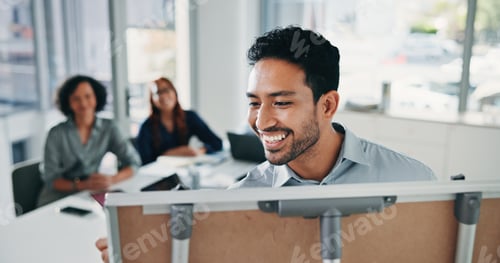 Preview: Happy, businessman and writing with team on whiteboard in office for coaching or presentation