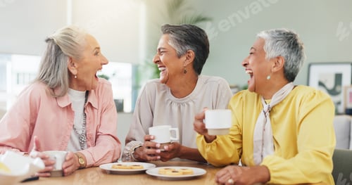 Preview: Women, meeting or gossip in home with tea, laughing or discussion for catch up session