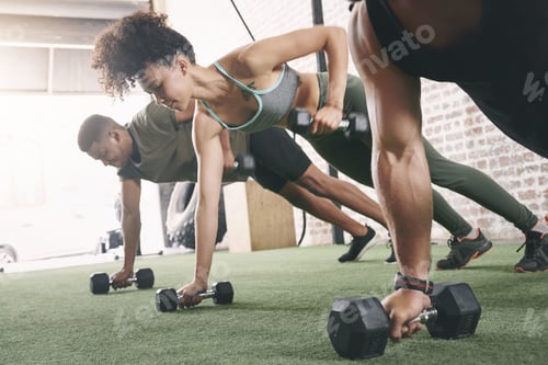 Preview: Personal trainer, dumbbell and plank with woman in gym for fitness instructor, health and challenge