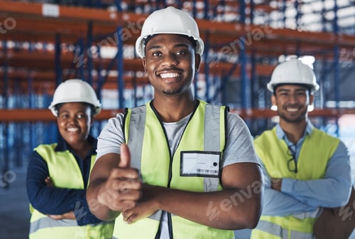 Preview: Happy, business people and team portrait with thumbs up in warehouse for service excellence