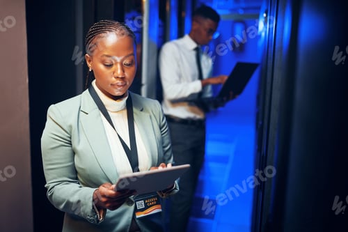 Preview: Internet, programming and woman in server room, tablet for software development and cyber security