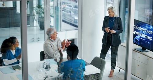 Preview: Presentation, clapping and monitor with healthcare staff for success, innovation and crispr