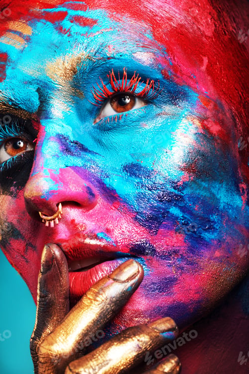 Preview: Paint, thinking and face with woman and hands for creative cosmetics, art deco and makeup aesthetic