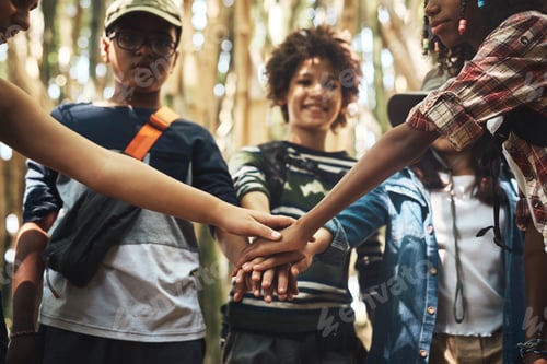 Preview: Kids, scout and hand stack in forest for support, teamwork and motivation in nature