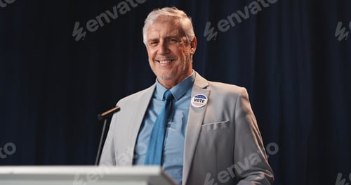 Preview: Portrait, politician and man with speech, press conference and smile with announcement