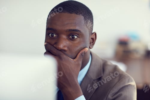 Preview: Businessman, surprise and reading in office with computer, email notification and bankruptcy notice