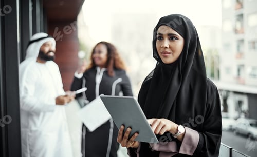 Preview: Decision, balcony and Muslim woman with tablet, investor and problem solving with trading portfolio
