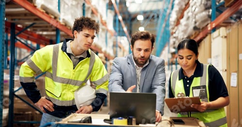 Preview: Logistics, review or team in warehouse with laptop, checklist or inventory management of shipment