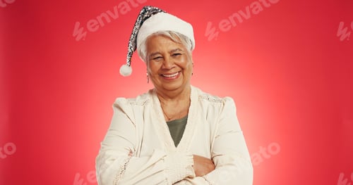 Preview: Christmas, happy and portrait of mature woman in studio for holiday, vacation and festive season