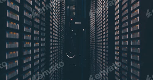 Preview: Empty server room, infrastructure and cybersecurity system with hardware for digital storage