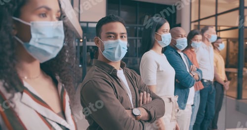 Preview: Team, row and business people with face mask in office for social distance, talking and safety
