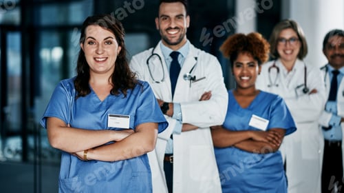 Preview: Portrait, doctor and woman in clinic, arms crossed for pride and career ambition