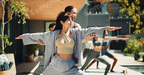 Preview: Fitness, yoga class or coach in resort with stretching, motivation or performance in body wellness