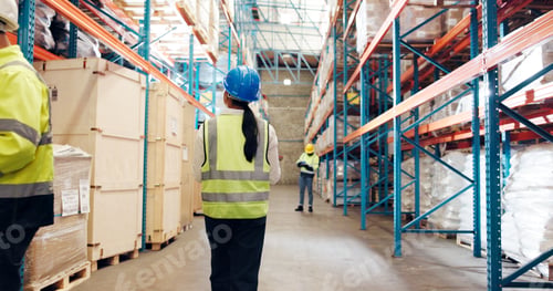 Preview: Woman, back and inspection at warehouse, logistics and shelf for package