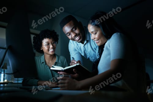 Preview: Happy, team and meeting with notebook at night, journalist and plan for article with ideas and talk