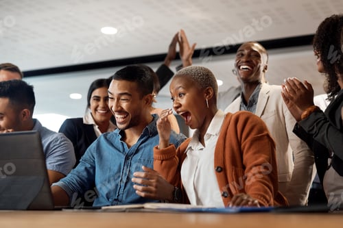 Preview: Happy, business people or winning with laptop in office for team promotion, success or achievement