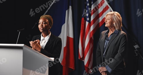 Preview: Election, politicians and women on podium for speech with mic for democratic selection at debate