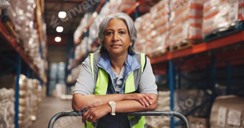 Preview: Portrait, woman and cart for logistics in warehouse with career pride, transport stock and freight
