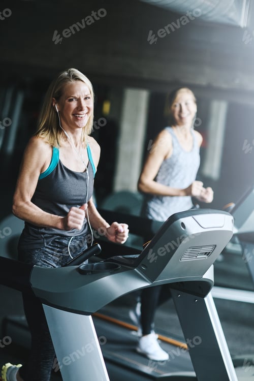 Preview: Happy, portrait and fitness with women on treadmill for speed challenge, workout and training