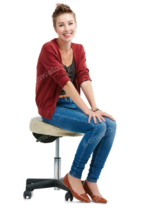 Preview: Portrait, media agency and happy woman in studio, chair and professional picture on white